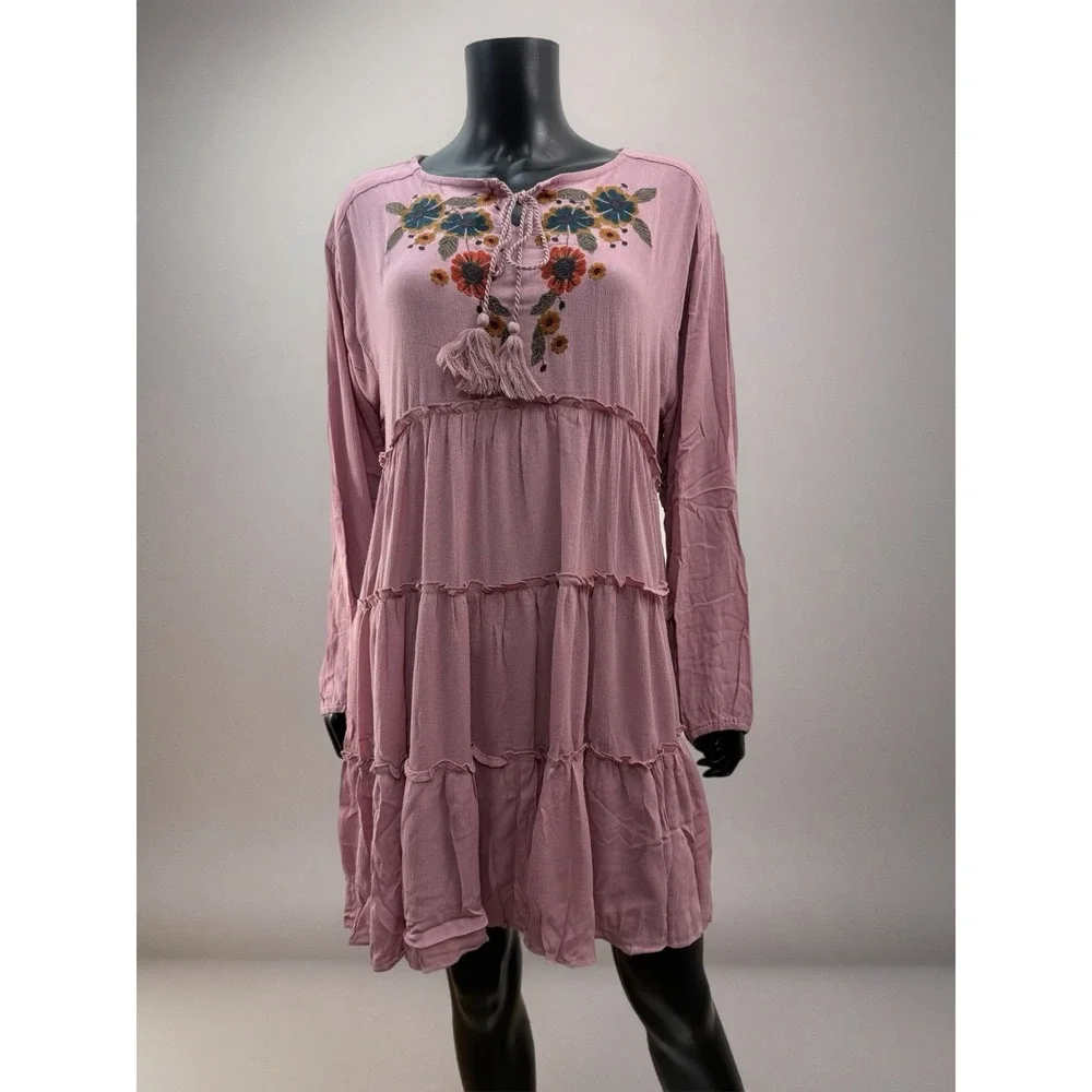 Hailey & Co Mauve Pink‎ Embroidered Boho Tiered Dress Long Sleeve 1X - Picture 2 of 7